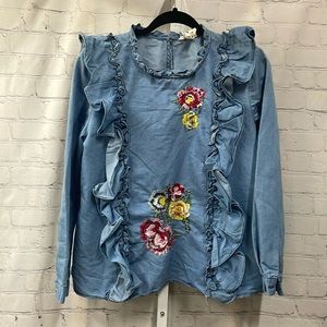 Haute Project Denim ruffled embroidered sequin flowers medium top